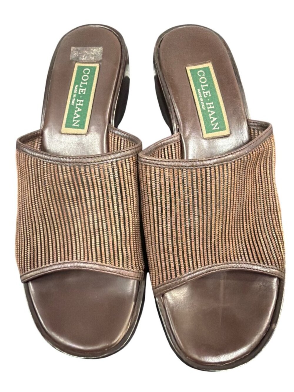 Cole Haan Womens Brown Leather Wedge Slide Sandals Open Toe Made In Italy